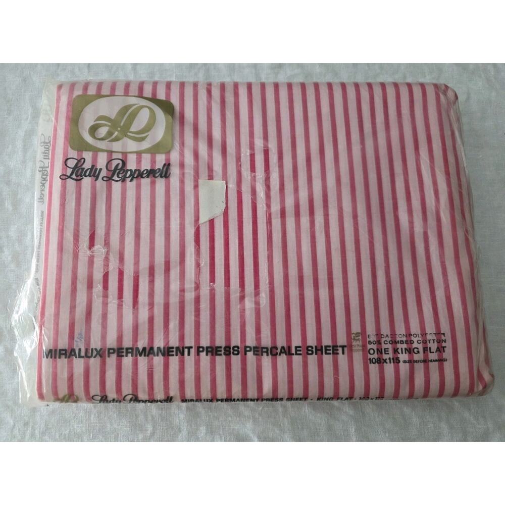 Vintage Lady Pepperell King Flat Sheet Permanent Press 108x115 Pink Stripe